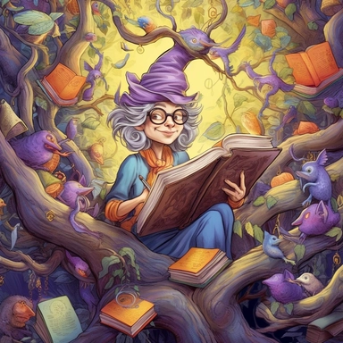 COMIC/CARTOON fantasy magical wacky witch reading books in a huge tree,large eyeglasses, hats, muted colors, swirls, twists, twirls, metallic, glitter, stylized, funny, centered, airbrushed, digital oil, detailed illustration, clip art, cartoon, 8k, ar 9:8