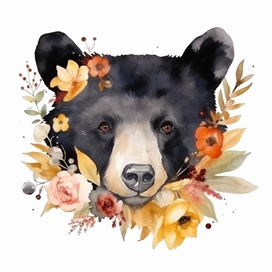 Hand Painted Watercolor black bear head with pressed fall flowers Clipart, white background, cute illustration