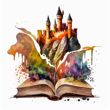 Clipart, Mythical Watercolor Castle Emerging from an Open Book, no background, hd