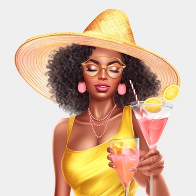 pretty black girl, Sun Straw Hat Wide Brim Summer Hat Foldable Roll up Floppy Beach Hats, pretty, holding a pink cocktail drink, yellow outfit, 4k, hd, clipart