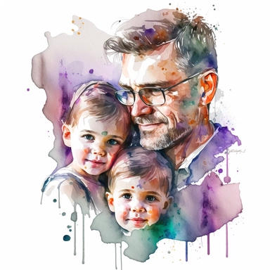 Father and kids close photo, detailed faces, watercolor, clipart, white background, 4k, stunning quality