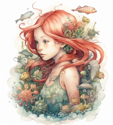 realistic burnished watercolored pencil cute little girl mermaid clipart, red hair, sea horse, rocks, sea, detailed, style of disney, on white background, spaced out
