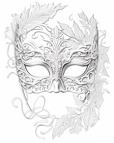 white coloring page of a white masquerade mask with intricate cut-outs, delicate linework, simplified line work, free brushwork, 15th century vintage masquerade for adults black and white drawings, in the style of tanya shatseva, in the style of fantasy illustrations, in the style of fantasy illustrations, in the style of art nouveau-inspired illustrations, in the style of intricate pen drawings, in the style of intricate linework, in the style of detailed linework, kinuko y. craft, luca della r