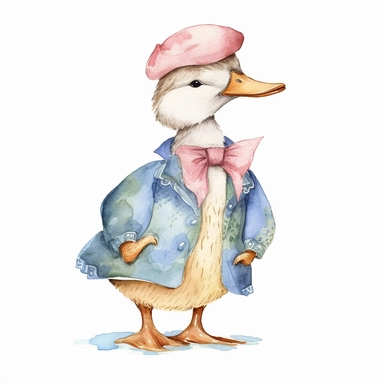 classic Beatrix potter Watercolor svg clipart of a cute adorable jemima puddle duck illustration by Beatrix potter , pastel groom wedding suit , cottage core, png isolated on white background