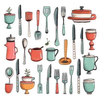 Hand-drawn colorful clipart of vintage American utensils on a white background. Features a retro aesthetic with a touch of whimsy. Perfect for restaurant menus, cookbooks, or food blogs. Includes fork, knife, spoon, and other utensils. Illustrations are high-quality and can be easily resized without losing quality.