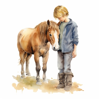 realistic watercolor drawing of a farm teenage boy taking loving care of a pony on a charming farm, on a white background where the background will be removed to repurpose as a clipart.