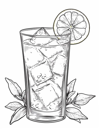 cute cartoon clipart glass of lemonade, lemon, straw, ice cubes in the style of Pierre-Auguste Renior black and white coloring book, black and white smooth thick lines, solid white background, no background