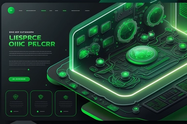 UI UX interface landing page front view full width 16:9 award winning design, A person using DesignStudioPro create vector graphics clipart with their company. round buttons, 3D elements, black and dark design, electric green lighting, techcore