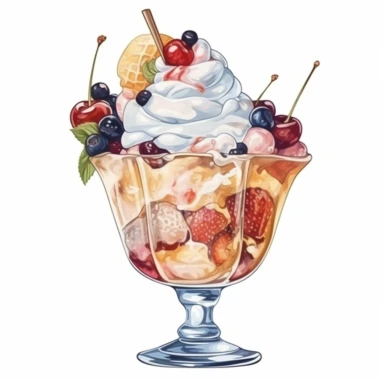 Watercolour of a Ice Cream sundae, Clipart,Cartoon,hyper realistic, intricate detail isolated on a white background, high quality, sublimation, detailed, cartoon style