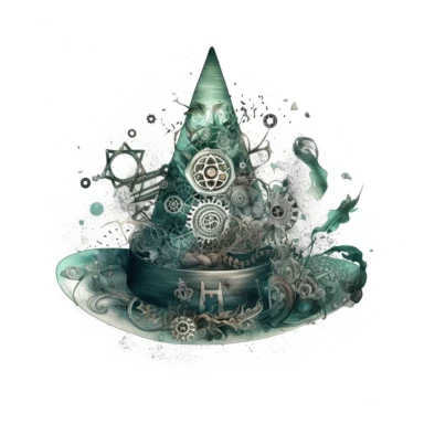 a witch hat decorated with magical symbols , in the style of mystic mechanisms ,pencil art illustrations, Isolated white background, reimagined by industrial light and magic, lith printing, illusory images, watercolor clipart, very subtle emerald tones, , ,