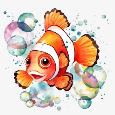clown fish, bubbles, water, sea, algae, watercolor clip art, background transparent