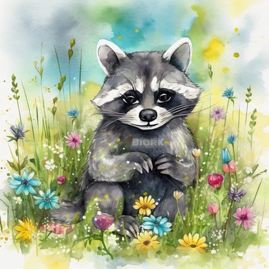 Watercolor clipart of a mischievous woodland raccoon, its distinctive black mask and grey fur meticulously represented, holding a shiny trinket while sitting amidst a field of buttercups, an atmosphere of whimsical fun and the vibrant colors of a sunny spring afternoon, Illustration, digital watercolor using a textured brush for a hand-painted effect,