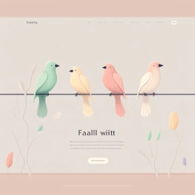 minimalist white landing page, soft pastel colors and small flat clipart birds and looking straight ahead and sitting on a wire, bird theme