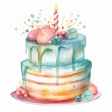 watercolour birthday cake for little girl, clipart on white background, no watermark, highly detailed, professional color gradation, clean sharpness