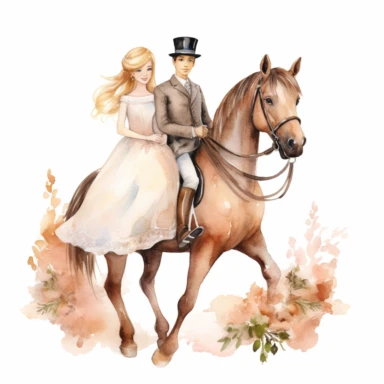 Very cute wedding illustrations clipart set, newlyweds riding a horse, on a white background separate elements with a margin, watercolors, husband and wife on their wedding day riding a horse together, love