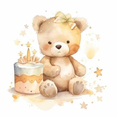 cute watercolor newborn soft beige baby bear toy smiling with stars and birthday cake, watercolor effect, isolated white background, babyshower clipart, soft beige tones