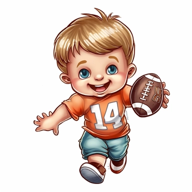 cartoon full body football player as a cute smiling baby, heavy lines, clip art, soft colours