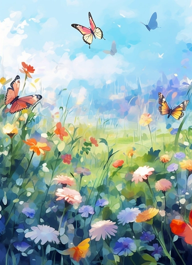 butterflies on a flower field, in the style of 2d game art, nostalgic paintings, 32k uhd, colorful dreamy watercolor scenes, adventure pulp, classical, historical genre scenes, rough-edged 2d animation, watercolor clipart