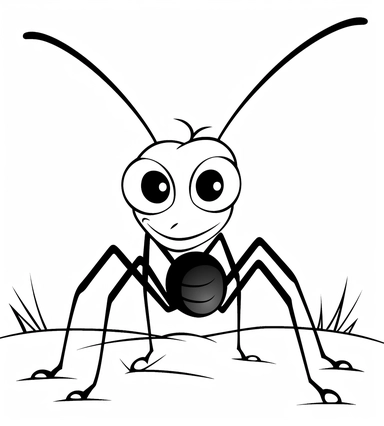 Ant, a cute cartoon, black and white colorring page for kids, Clip Art, cartoon character, no text, white background