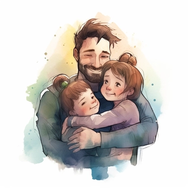 father hugging daughter and boy lovingly, smiling, Watercolor Clipart, HAPPY, strybk, full Illustration, chibi kawaii, sharp focus, watercolor, smooth soft skin, symmetrical, soft lighting, detailed face, concept art, muted colors, watercolor style, strybk, children's style fairy tales, Octane rendering, 3D, Perfect face, detailed face, delicate face, perfect sharp lips, detailed eyes. Craig Davison, Aubrey Beardsley, Conrad Roset, Aikut Aidogdu, Agnes Cecil, 8k
