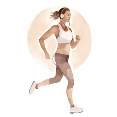 a watercolor sticker of a woman doing a power walk with earphones on and a fitness tracker on her wrist. Clipart. Neutral beige faded color palette. White background. Artistic illustration. Minimal. Hand-drawn.