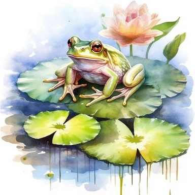 Clipart of frog sitting on lily pad in water pond, A frog sitting on top of a lily pad with water in a pond, watercolor painting, white background, featured on pixiv, computer art, madhey of flowers, watercolor, digital illustration, american scene painting, detailed painting, realistic
