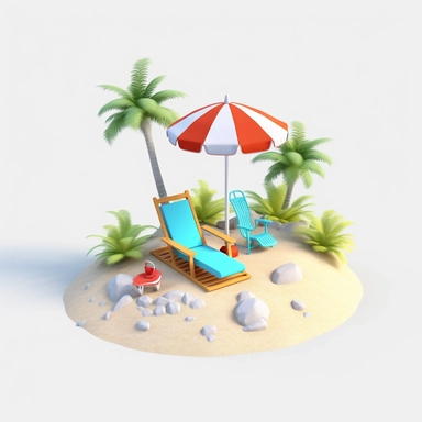 3d island paradise beach clipart in animation style, beach chair, sunshade, summer beach, coast, seaside, sand beach, vacation, in solid white background, bright color, high resolution, 8K,