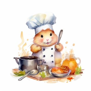 watercolor clipart, A cute chubby hamster, ultra detailed, wearing a chef's hat, Cooking food in the kitchen, tasty, white background, high solution