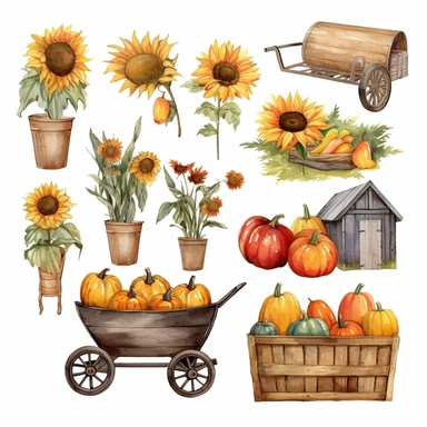 Set of autumn farm elements and products isolated on white background.Hand-drawn farmhouse collection. Watercolor collection of pumpkin,sunflower, rustic wheelbarrow, signpost,hay, basket,watering can. Clip art delicate colours