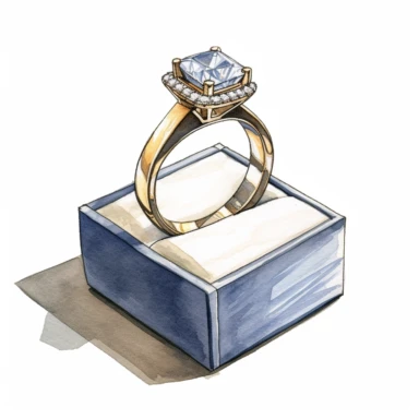 Hand drawn, watercolor, hyper realistic, white background, white margins, 16k, ultra detailed clipart, cut out image, hand-drawn, ultra HD, sharp and clean art, Engagement ring box.