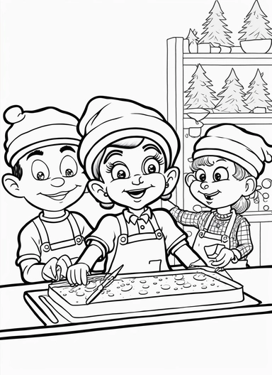 line art, black and white, elves working for santa claus, christmas, happy mood, cartoon sketch, coloring page for kids, coloring page for children, thick lines, realistic, drawing, printable outlined art, crisp lines, No background, clip art, hand drawn, No shadows, drawing, No gray, no shades, high contrast. The line art should be clean and crisp, with uniform thickness and minimal shading, to provide a user - friendly coloring experience.