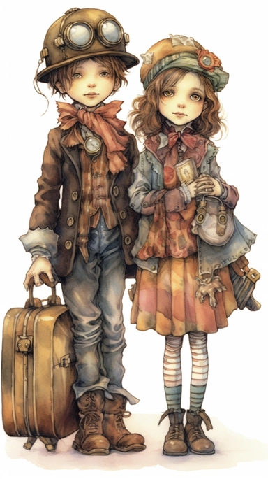 watercolor steampunk girl entire body and steampunk boy entire body with a steampunk suitcase by her side and holding a cute steampunk doll in her arms, illustration clipart by holly hobbie and mary engelbreit