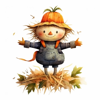 Halloween scarecrow in a pumkin patch, full color, knitted painting texture, Perfect for nursery art and children's book illustration style, simple, cute, full color, clipart, watercolor illustration, single object, high definition 8k,white background for removing background - - no text shadow font watermark