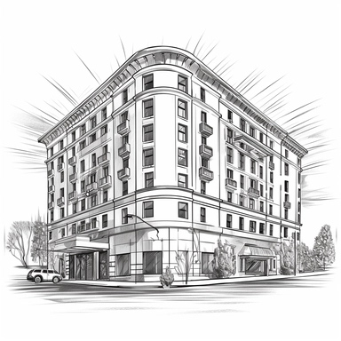 hotel lineart clipart, flat drawing, hd on white background, hyper detailed, soft tones spaced out ar 3:2