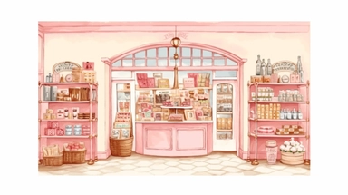 watercolour illustration, light pastel pale pink background, Grocery shop interior color graphic sketch illustration vector clipart, sublimation graphics, by Beatrix Potter, watercolour clipart, unique design, print on demand image, transparent PNG background, white background, 8k