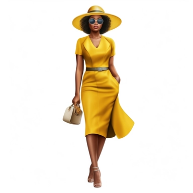 African american woman wearing yellow dress and fedora hat Boss lady clipart modern fashion style anatomically correct realistic isolated white background