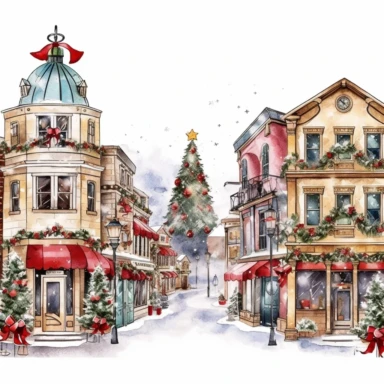 beautiful old town Christmas Clipart , style by Lucy Fleming, watercolor, smooth gradients, black contour outline, ultra detailed, clipart elements, delicate pastel colors, solid white background, super clear, high quality