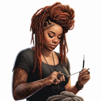 african american woman with midlength dreadlocks and tattoos with yarn surrounding her, holding a crochet hook working on a project hyperrealistic photorealistic clipart logo
