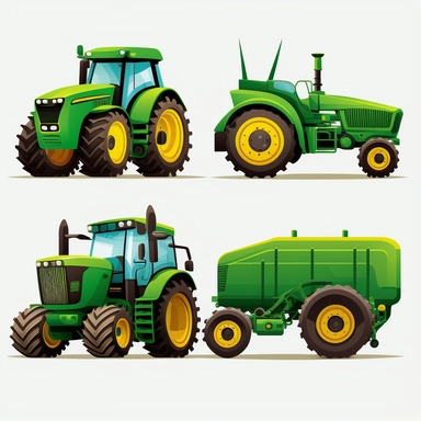 cute colourful vibrant green farm tractor vehicles, each side profile view front view, rounded edges, rounded corners, detailed vector clean illustration, clipart, svg, white background