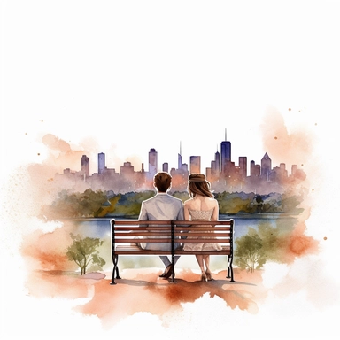 Create a watercolor clipart of a bride and groom sitting together on a park bench, with a city skyline in the distance. No Background