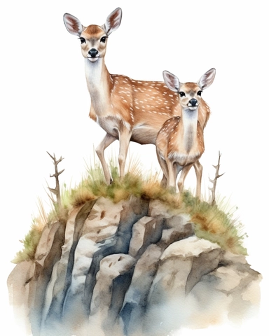 detailed watercolor a pair of fawn on a hill, 8k, hyper realistic, isolated on a white background, clipart