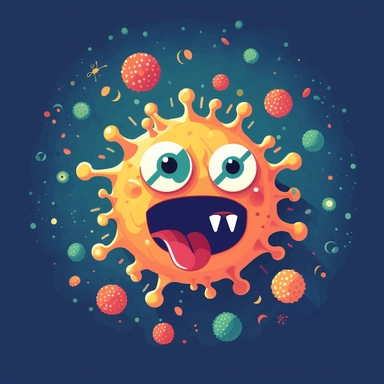 A colorful and playful vector illustration of a virus with a friendly expression, surrounded by tiny heart-shaped particles. The style is cartoonish and whimsical, invoking a sense of fun and lightheartedness. The mood is optimistic and cheerful, suggesting that the virus can be tamed or even conquered with the right approach. The lighting style is soft and diffused, giving a sense of warmth and comfort. Created by Artista, Clipart graphic, sticker, vector, svg, solid white background