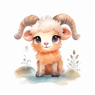 watercolor adorable kawaii baby bighorn sheep character kawaii, isolated, kawaii,digital art,detailed, concept,art,8k,hd,on white background,clipart