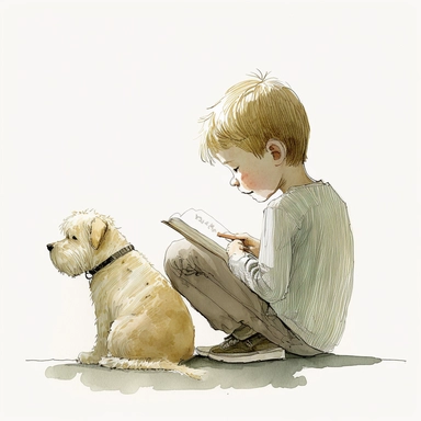 a dog sitting next to a young blonde boy reading a book, watercolor and ink drawing, clipart, happy, gentle smile, beautiful watercolor ink wash coloring, thick pencil lines, Jon klassen, Adrian tomine, popular on etsy, watercolor illustrations clipart, watercolor illlustrations for kids and children, book illustrations, plain white background