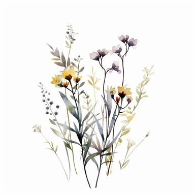 clean minimalistic wildflowers watercolor flower painting, in the style of watercolor landscapes, romantic and nostalgic themes, highly detailed and defined brush strokes of each stalk and grass and buds skillful clipart clean white background high contrast 16k resolution dark outlines