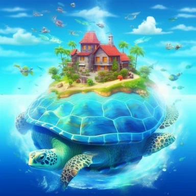 /v5_upscale, bright day, Jin the Turtle, island in the blue sea house with pam clipart, high detail, spaced outultra scale, detailed, super bright, charming, stunning, super detailed, wonder, amazing, mercury clouds illumination, light background, vitamins, with holographic,
