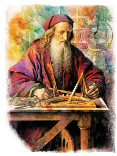 Peter Flotner creates woodcut watercolor synesthesia of the renaissance merchant, clipart, hd, on white background