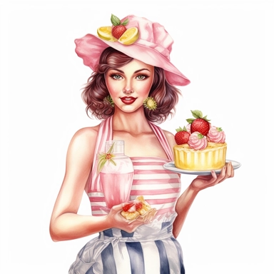 Hand drawn pin up woman, wearing a bakers hat, pink and white striped apron, holding a lemonade cake with strawberries and blossoms, glamorous, half body, very detailed and realistic, watercolor, white background with margins, clipart style