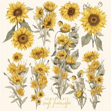 Create a captivating collection of ultra-detailed Sunflowers Clipart, showcasing the radiant beauty of sunflowers in a variety of settings. Each clipart element should be meticulously painted, capturing the vibrant colors and intricate details of sunflower petals and centers. Incorporate different compositions, such as single sunflowers, bouquets, or sunflowers alongside wheat, evoking the essence of summer and rustic charm. Design the clipart with a focus on versatility, suitable for various de