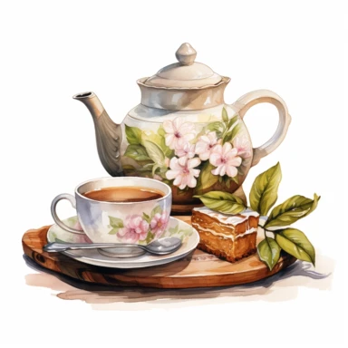 clipart white background: tea time with teacup and teapot watercolor, 4k